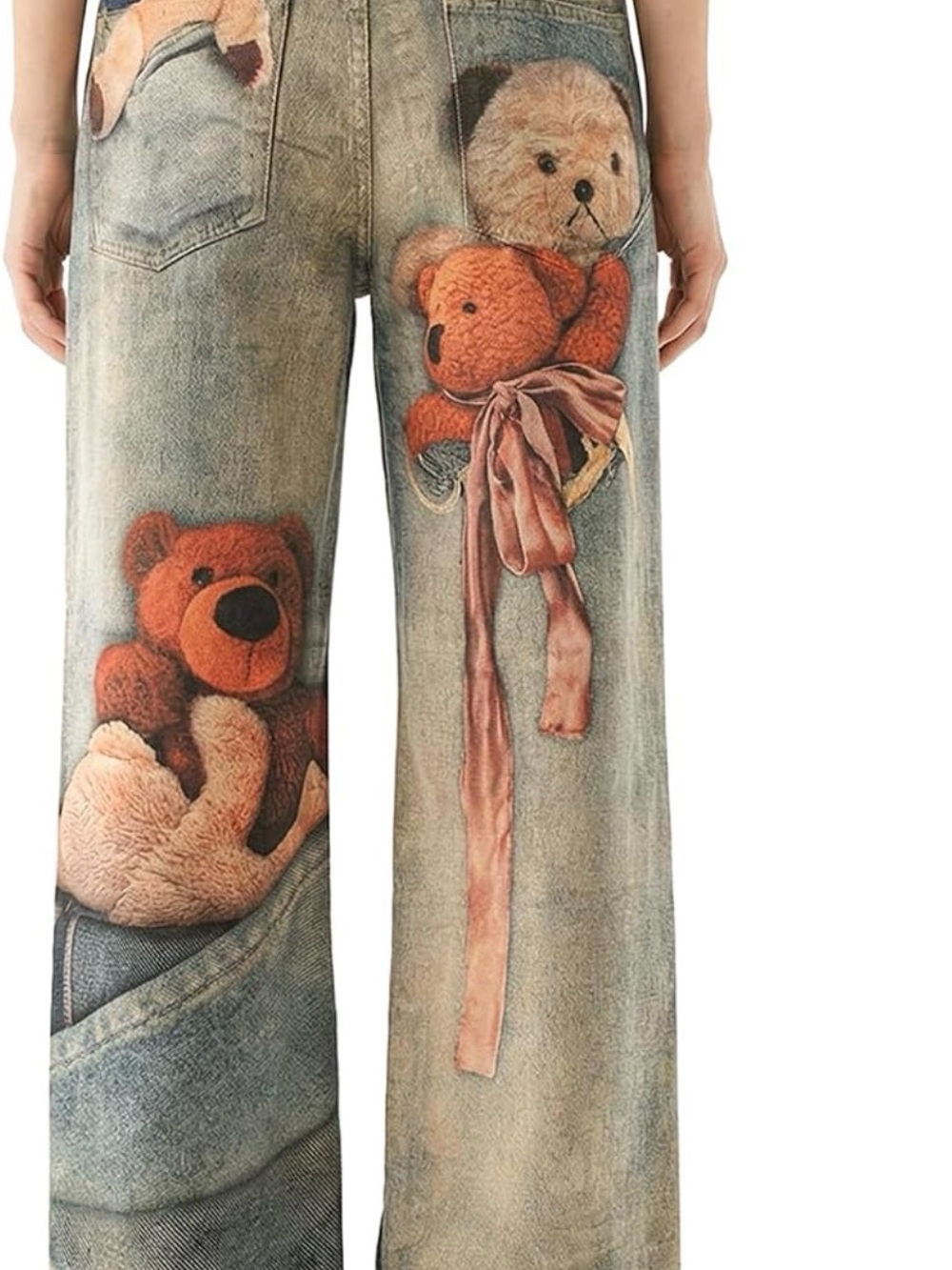Wide-Leg Teddy Beat Print Jeans in Washed Blue and Brown - Picture 3 of 5